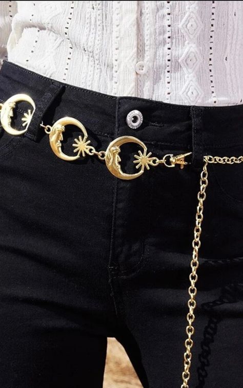 Gold stars and moon belt. Gold tone chain belt, features large moon charms and stars. Features a sun charm connector and the moon coven metal emblem. Has an adjustable hook chain. Moon Themed Clothes, Gold Moon Aesthetic, Celestial Aesthetic Clothes, Moon Chain Belt, Gold Trinkets, Cute Belts, Moon Belt, Moon Outfit, Moon Clothing