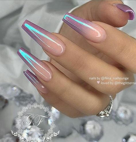 Simple Jewl Nails, Colored Glitter Ombre Nails, Coffin Crome Nails, Acrylic Nails Nude Design, Irridescent Nails Pink, Tips Nails Acrylic, Chrome And Glitter Nails, Violet Ombre, Chrome French