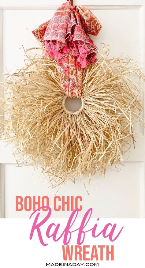 Make this fall wreath with big boho chic vibes? This simple Boho Raffia Wreath DIY tutorial is perfect for warm SoCal fall weather! Easy straw wreath with hoops. #raffia #fall #fallwreath #bohochic #modernfarmhouse #tassel #bohosytle #raffiawreath #natural #straw #grass Raffia Wreath, Raffia Crafts, Funky Scarves, Straw Wreath, Boho Wreath, Fall Decor Ideas, Chic Vibes, Work Diy, Deco Boheme