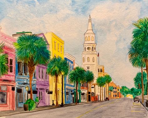 Watercolor of Broad St. Charleston SC Charleston Drawing, Charleston Painting, Charleston Watercolor, Rachel King, Anatomical Drawings, Rainbow Row Charleston, Palm Beach Decor, Vision Board Pics, Charleston Art