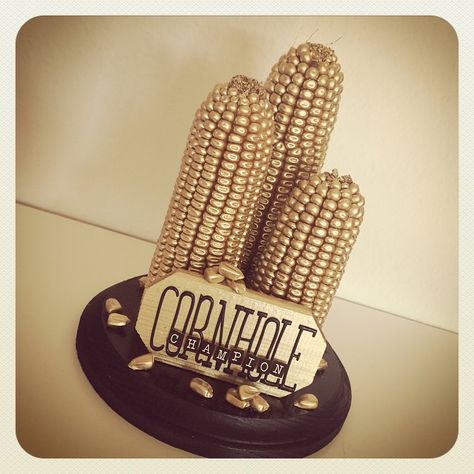 I never thought I would be using my crafting abilities to construct a trophy out of corn. #cornhole #cornholechampion #thegoldencornhole Diy Trophy, Outdoor Games Adults, Allison Davis, Cornhole Tournament, Birthday Games For Adults, Trash Party, Olympic Party, Games For Adults, Company Picnic