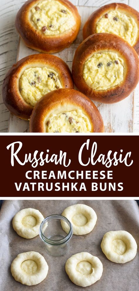 Russian classic creamcheese vatrushka buns, a delicious sweet treat to enjoy with a coffee or tea. #creamcheesebuns #vatrushka Russian Cuisine Recipes, Eastern European Recipes Desserts, Russian Food Recipes Traditional, Authentic Russian Recipes, Russian Dessert Recipes, Russian Recipes Traditional, Vatrushka Buns, Russian Appetizers, Ukrainian Dessert