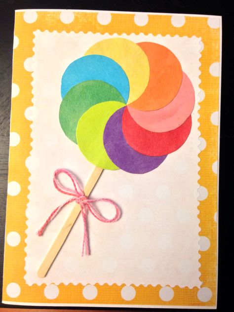 DIY greeting card, paper lollipop with mini Popsicle stick Lollipop Preschool Craft, Paper Lollipops Diy, L For Lollipop Craft, Lollipop Cards Diy, Lolli Pop Valentines Kids, Candy Theme Classroom, Lollipop Craft, Willy Wonka Party, Valentine Tree