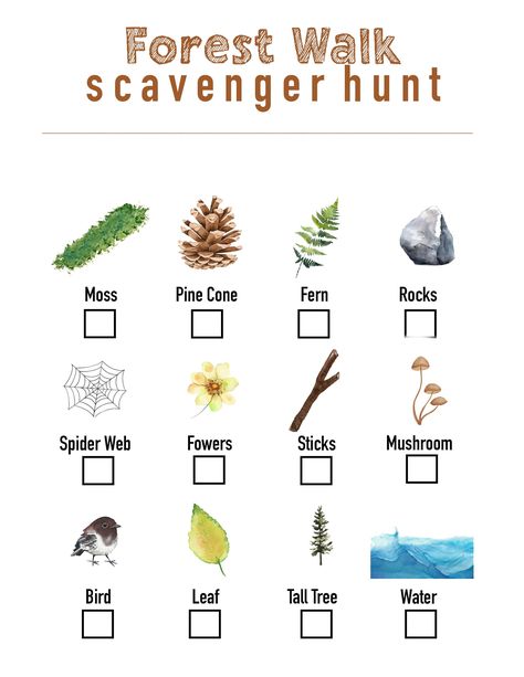 The perfect little scavenger hunt to help children with mindfulness on a nature walk. Explore, touch, feel and hunt for the treasures that nature has to offer. Forest Scavenger Hunt For Kids, Nature Bingo, Walk Scavenger Hunt, Nature Walk Scavenger Hunt, Beach Scavenger Hunt, Forest Kindergarten, Birds For Kids, Nature Hunt, Forest School Activities