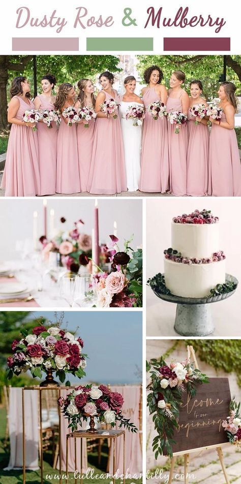 Popular affordable dusty rose bridesmaid dresses to match with mulberry wedding signs, centerpiece, wedding cakes for 2021 wedding color inspiration Wedding Colors Dusty Rose, Mulberry Wedding, Fall Rustic Wedding, Dusty Rose Wedding Colors, Romantic Wedding Colors, Dusty Pink Weddings, Pink Wedding Decorations, Light Pink Wedding, Neutral Wedding Colors