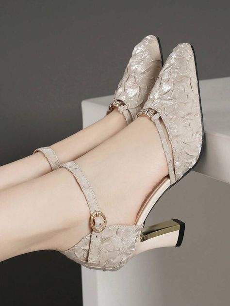 Apricot Collar Embellished Women Shoes Kasut Tumit Tinggi, Sandal Tali, Thick Heel Shoes, Comfy Heels, Fashion Shoes Heels, Ankle Strap High Heels, Womens Chunky Heels, Fancy Shoes, Elegant Shoes