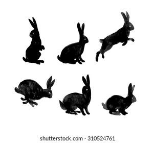 Similar Images, Stock Photos & Vectors of Set of Rabbit Silhouettes - Vector Image - 312693803 | Shutterstock Jack Rabbit Illustration, Black Rabbit Illustration, Rabbit Illust, Rabbit Poses, Rabbit Illustration Design, Hare Silhouette, Leaping Rabbit, Animal Shadow, Rabbit Pose