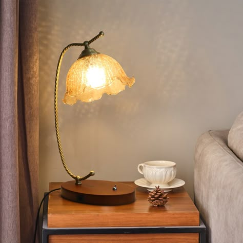 Vintage Flower Glass Table Lamp with Wooden Base USB Charging Port - 6.6x20.2 inch - Bed Bath & Beyond - 39644953 Vintage Cottagecore House, Earthy Apartment, Cozy Lamps, Trinket Ideas, Vintage Maximalist Decor, Flower Lampshade, Rustic Minimalism, Lamp Flower, Cottagecore Design