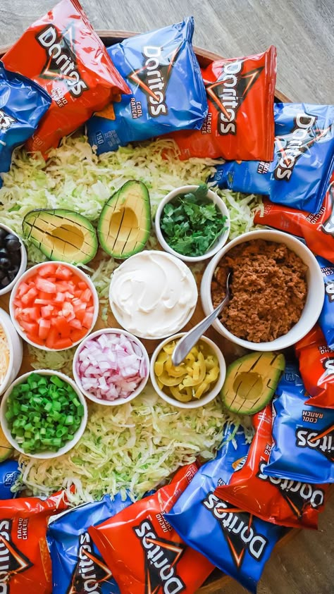 Walking Taco Board, Nacho Charcuterie Board, Taco Charcuterie Board, Samantha Bauchmann, Mccormick Taco Seasoning, Nacho Cheese Doritos, Walking Taco Bar, Cool Ranch Doritos, Taco Board