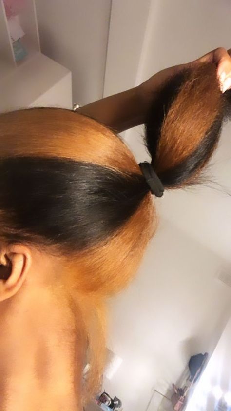 Peak A Boo Skunk Stripe Hair, Sunk Hairstyles, Skunk Stripe Hair Honey Brown, Colors To Dye Your Hair Black Women Skunk Stripe, Black And Brown Hair Peekaboo, Sunk Stripe, Peekaboo And Skunk Stripe, Sunk Stripe Hair Dye Ideas, Black And Brown Hair Dye