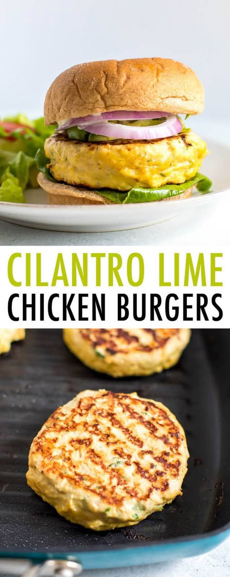 Cilantro lime chicken burgers that are packed with refreshing flavor! The perfect summer main dish. Gluten-free and paleo-friendly. #paleo #glutenfree #chickenburgers #healthyrecipe #cilantro #lime Chicken Burgers Healthy, Chicken Cilantro, Ground Chicken Burgers, Chicken Burgers Recipe, Cilantro Lime Chicken, Chicken Burger, Homemade Burgers, Steak Sandwich, Lime Chicken