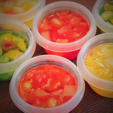 Jello Cups | Bush Cooking Individual Jello Cups, Jello Fruit Cups, Jello Fruit, Jello Fruit Salads, Homemade Jello, Jello With Fruit, How To Make Jello, Picnic Desserts, Layered Jello