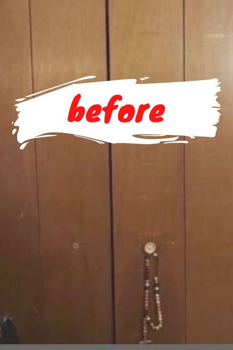 Easy and Quick bi-fold closet doors makeover for only $15. By adding faux crown molding trim to old wooden closet doors will instantly upgrade your bedroom home decor and make it look more custom and expensive. Check out the before and after of this closet door makeover. How To Redo Closet Doors, Upcycling Wardrobe Doors, Wallpaper Bifold Closet Doors, Old Built In Wardrobe Makeover, Closet Door Decoration Ideas, Redo Closet Doors, Upgrade Closet Doors, Wallpaper On Closet Doors, Bi Fold Closet Doors Makeover