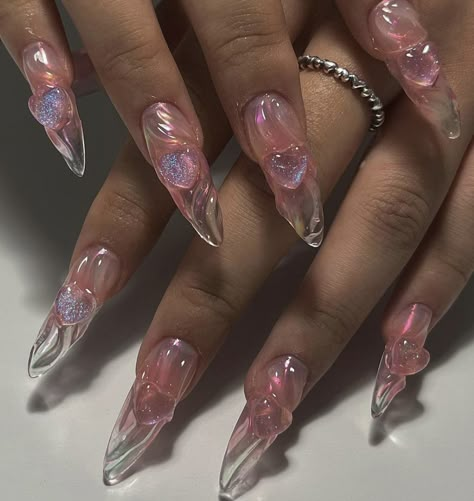 Purple Transparent Nails, Pink Ethereal Nails, Nails Transparent Design, Drain Gang Nails, Jelly Nail Designs, Short Almond Shape, Gel Toe Nails, Hello Nails, Short Almond