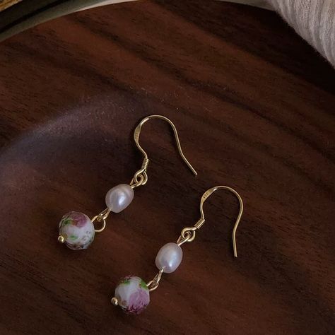 Vintage wild rose earrings, Natural pearl earrings, Flower drop earrings, Gold glass ball dangle earrings, Delicate handmade gift for mom by WithHerNYC on Etsy Minimalist Ear Cuff, Miniature Rose, Natural Pearl Earrings, Green Floral Pattern, Garden Rose, Baroque Pearl Earrings, Color Glaze, Beautiful Gift Wrapping, Drawing Inspo