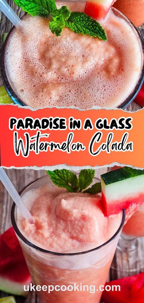 Escape to paradise with our refreshing Watermelon Colada! This tropical drink combines juicy watermelon with creamy coconut for a delicious summer treat. Perfect for cooling down on hot days, this cocktail is a must-try for any tropical drink lover! Watermelon Recipes Drinks, Orange Julius Recipe, Ice Cream Drinks, Slushie Recipe, Recipes Drinks, Juicy Watermelon, Smoothie Drink Recipes, Tropical Twist, Holiday Recipes Christmas