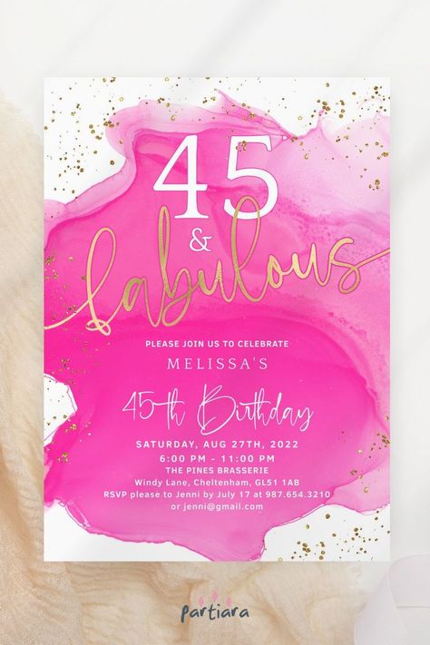 Self-editable 5x7" invite - follow the link for details and free demo! ♦ Easily edit online in your browser then download and print or send digitally ♦ 45 and still fabulous? Show off with this vibrant and eye-catching fuchsia and gold party invitation - guaranteed to get compliments from your guests! ♦ #pinkparty #ladiesbirthdaypartyideas #ladiesbirthdayparty #hotpinkbirthdayparty #pinkandgoldpartyideas #birthdayinvitation #45thbirthdayparty #editableinvitation #printableinvite 13th Birthday Invitations, Love Website, Pamper Party, 40th Birthday Invitations, 50th Birthday Invitations, Party Invitations Printable, Sweet 16 Invitations, Birthday Invitations Girl, 12th Birthday