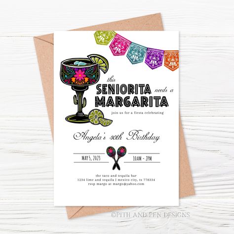 Fiesta Birthday Invitation, Senorita Needs a Margarita Party, https://etsy.me/42h7y51 #birthday #printable #5x7 #margaritas #cincodemayo #mexicanfiesta #mexicothemeparty #fiestainvitation #senoritamargarita #maracas #tacosandtequila #fiestabirthday #womanbirthday Mexican Theme Party, Tequila Party, Margarita Party, Fiesta Birthday Invitations, Fiesta Bridal Shower Invitations, Fiesta Bridal Shower, Fiesta Birthday Party, Tacos And Tequila, Mexican Theme