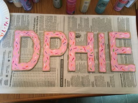 Donut painted sorority wood letters delta phi epsilon #donut #dphie #deltaphiepsilon #sorority  #diy Painting Sorority Letters, Painted Sorority Letters, Sorority Painted Letters, Greek Letters Painted, Wooden Sorority Letters, Sorority Letters Painted, Wood Sorority Letters, Sorority Wooden Letters, Painted Wooden Letters Sorority Cute Ideas