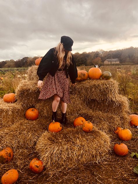 #pumpkin #fall #autumn #autumncolors #autumnvibes #haystacks Pumpkin Field Photoshoot, Pumpkin Picking Photoshoot, Hay Bale Pumpkin Photoshoot, Hay Couch Fall Pictures, Cute Pumpkin Picking Pictures, Pumpkin Farm Pictures, Hay Bales And Pumpkins, Pumpkin Patch Instagram, Patch Photography