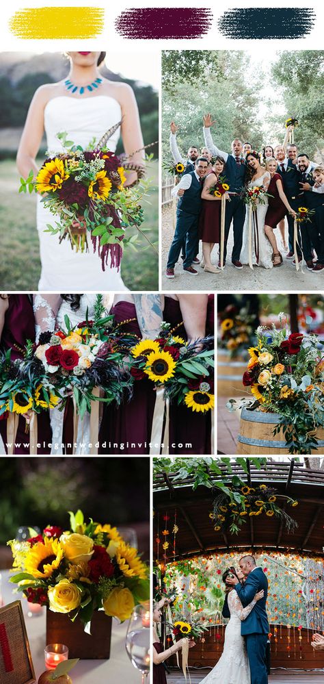 sunflower yellow, burgundy and blue fall and winter wedding colors Fall Wedding Flowers With Sunflowers, Burgundy Red Wedding, Sunflower Themed Wedding, Rustic Wedding Invitation, Wedding Altars, Cascade Bouquet, Fall Wedding Invitations, Wedding Winter, Fall Wedding Colors