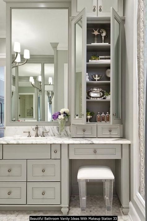 Beautiful Bathroom Vanity Ideas With Makeup Station 33 Bathroom Vanity With Makeup, Built In Bathroom Vanity, Vanity With Makeup, Beautiful Bathroom Vanity, Shower Remodel Diy, Small Shower Remodel, Makeup Station, Best Bathroom Vanities, Vanity Ideas