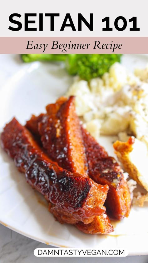 Pieces of seitan on a white plate with mashed potatoes. 4 Th Of July Food, Easy Seitan Recipe, Recipes Vegan Easy, Seitan Recipe, Seitan Chicken, Homemade Seitan, Vegan Seitan, Seitan Recipes, Tofu Recipes Vegan