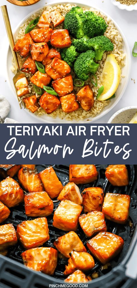 Salmon Bites Bowl Airfryer, Salmon Bites Teriyaki, Air Fryer Terriaki Salmon, Easy Salmon Meal Prep, Air Fryer Salmon Crispy, Salmon Air Fryer Bowl, Air Fry Salmon Bites Recipes, Air Fried Salmon Bites Recipe, Airfryer Salmon Bites Recipes