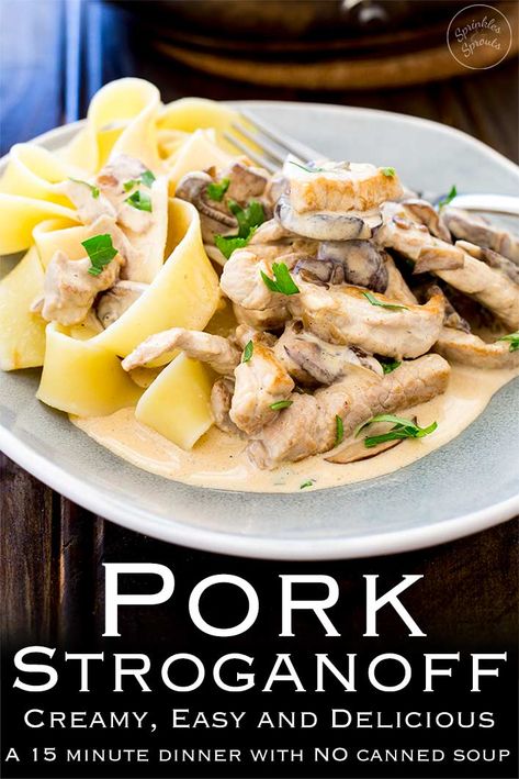 Pork Stroganoff with Buttered Noodles | This pork stroganoff is the best kind of comfort food! Tender pork, cooked with mushrooms and onions in a creamy sauce. It's delicious, filling and completely made with fresh ingredients! (No cans of soup here!!!) Plus it comes together in 15 minutes. Recipe by Sprinkles and Sprouts | Delicious Food for Easy Entertaining #porkdinner #porktenderloin #stroganoff #creamsauce Leftover Pork Loin Recipes, Pork Stroganoff Recipe, Pork Stroganoff, Leftover Pork Recipes, Leftover Pork Tenderloin, Leftover Pork Roast, Mushrooms And Onions, Leftover Pork, Pork Roast Recipes