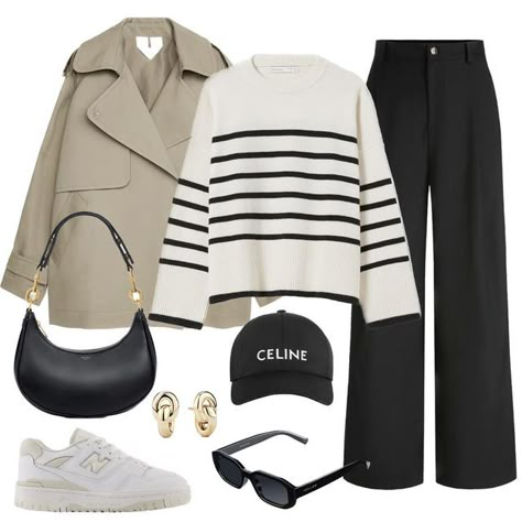 Lina | Your virtual stylist on Instagram: "Daily outfit🖤 I can’t do without striped sweater,sorry guys 😂😽 || short trench @arketofficial || sweater @bershka || trousers @shopcider || bag and cap @celine || earrings @mejuri || sneakers @newbalance 550 || sunglasses @meller || • • • • • • • • • #outfitboard#stylegoals2022 #outfitideas2022 #fashiongram #stylebloge #styleboard #virtualstylist #fashion2022 #virtualstyling #stylediaries#outfitoftheday2022#autumncapsule2022 #minimalstyle#ootd2022#ca Outfits With Sunglasses, Celine Cardigan Outfit, Celine Cap Outfit, Celine Outfit, Celine Striped Cardigan Outfit, Striped Sweater Outfit, Winter Fashion Outfits Casual, Chique Outfits, Virtual Stylist