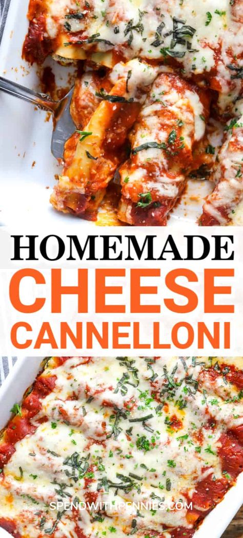 Homemade cheese cannelloni is always a family favorite! Cannelloni noodles are stuffed with a ricotta & spinach mixture and baked with mozzarella. This pasta recipe is an easy, filling, and delicious recipe! #spendwithpennies #cheesecannelloni #cannelloni #pastarecipe #stuffedpasta #maincourse Cheese Cannelloni, Recipes With Lasagna Noodles, Italian Pasta Bake, Spinach Cannelloni, Cannelloni Recipe, Cannelloni Pasta, Ricotta Spinach, Cannelloni Recipes, Pasta Varieties