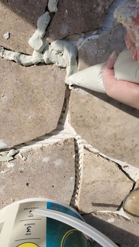 Resurfacing Concrete Patio, Crazy Pave, Colored Grout, Coloured Grout, Crazy Paving, Concrete Diy Projects, Travertine Stone, Tiles Design, Concrete Slab