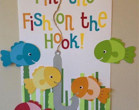 Pin the fish on the hook birthday party game Fish Themed Decorations, 1st Birthday Party Games, Fishing Theme Birthday, Fishing Themed Birthday Party, Birthday Fishing, Fish Birthday, Fish Party, Fish Theme, Fishing Birthday Party