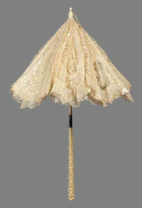 parasol 1880 | Lace & Silk Parasol, French, c. 1872. Fancy Umbrella, Victorian Accessories, 1870s Fashion, Lace Parasol, Vintage Umbrella, Jeanne Lanvin, Umbrellas Parasols, Lace Silk, Chatelaine