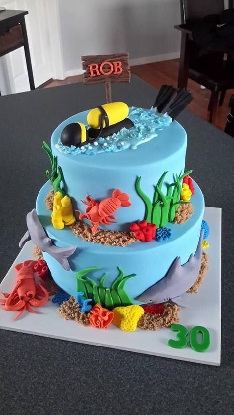 Diving Cake Ideas, Scuba Diving Cake Ideas, Scuba Diver Cake, Scuba Diving Cake, Diver Cake, Scuba Cake, Cupcake Party Theme, Aquarium Cake, Diving Cake