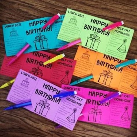 This product contains four different Birthday Coupon options! 1. No Homework coupon 2. Lunch Date with the Teacher coupon3. Combo No Homework and Lunch Date4. Combo Half No Homework and Lunch Date This is the perfect easy birthday gift for your students! #middleschool #middle #school #teacher Birthdays In Classroom Ideas, Birthday Gift From Teacher, Birthday Gifts From Teacher, Student Birthday Gifts From Teacher, Student Birthday Ideas, Teacher Coupons, Classroom Birthday Treats, Classroom Birthday Gifts, Students Birthday