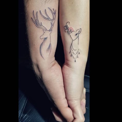 Couples Deer Tattoos, Buck Tattoo, Matching Tattoo Ideas, Arrow Tattoos For Women, Deer Couple, Couple Tattoos Love, Couple Matching Tattoo, Cute Couple Tattoos, Small Couple Tattoos