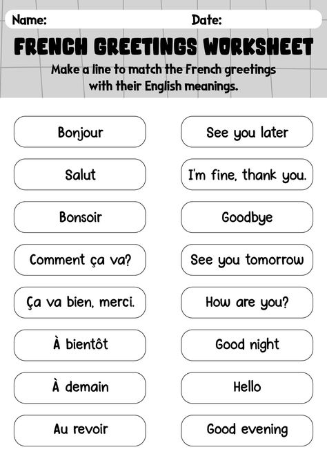 French Greetings Worksheet French Beginner Worksheet, French Greetings Worksheet, French Worksheets For Kids, French Worksheets For Beginners, French Grammar Exercises, French Notes, Notes Idea, Beginner French, French Greetings