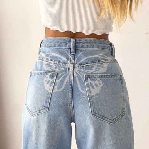 Painting Jeans, Butterfly Pants, Printed Denim Pants, Streetwear Jeans, Print Jeans, Painted Jeans, Moda Chic, Jeans Diy, Printed Trousers