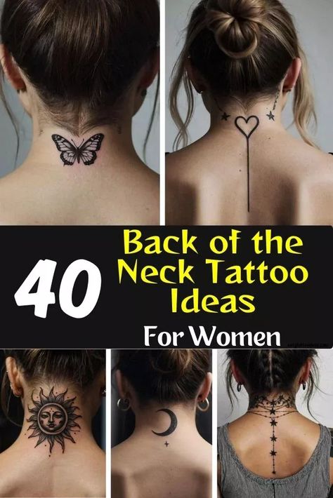 40+ back of the neck tattoo Ideas For Women With Meaning Check more at https://ideatatto.com/female/40-back-of-the-neck-tattoo-ideas-for-women-with-meaning/ Unique Chest Tattoo Female, Neck Script Tattoo, Neck Tattoo For Women, Beautiful Hand Tattoos, Charm Anklet Tattoo, Elegant Tattoos For Women, The Neck Tattoo, Back Of Neck Tattoos For Women, Back Of Neck Tattoos