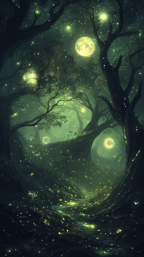 A surreal forest with spiraling trees and floating crystal orbs, illuminated by a glowing, three-moon sky, where ethereal creatures dance in the twilight mist. Twilight Forest, Spiral Tree, Crystal Orb, Mystical Forest, Fantasy Forest, Forest Creatures, Forest Painting, Magical Forest, Night Aesthetic