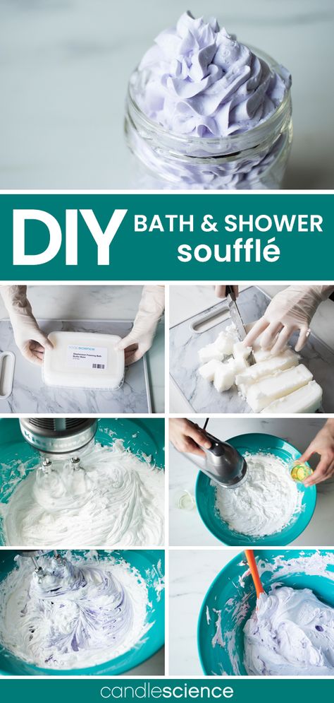 Learn how to create your own luxurious whipped soaps, foaming body butters, and sugar scrubs with this DIY Bath & Shower Soufflé receipie from CandleScience. Whipped Soap Diy, Bath Diy, Whipped Scrub, Săpunuri Handmade, Bath Stuff, Homemade Bath, Foaming Bath, Diy Kosmetik, Homemade Soap Recipes