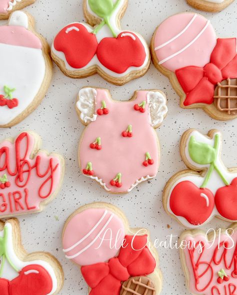 Cherries baby shower cookies 🍒🍼 Pricing? 👉🏻 https://msha.ke/alecreations918 • • • • #alecreations918 #tulsasmallbuisness #tulsaoklahoma #decoratedsugarcookies #customcookies #cookie #cookies #decoratedcookies #inspirationcookies #cookiesofinstagram #desserts #dessertideas #dessertideas #partyideas #party #sugarcookies #royalicing #royalicingcookies #cookies #cookiesideas #royalicingideas #cherriescookies #cherriescookery #cherriesbabyshower #cherriesbaby #cherriesparty #cherriesdessert #cherr... Baby Shower Cherry Theme, Girl Baby Shower Strawberry Theme, Cherry Theme Baby Shower Ideas, Cherry Themed Baby Shower Ideas, Baby Shower Strawberry Theme, Cherry Baby Shower Theme, Cherry On Top Baby Shower Theme, Top Baby Shower Themes, Cherry Party