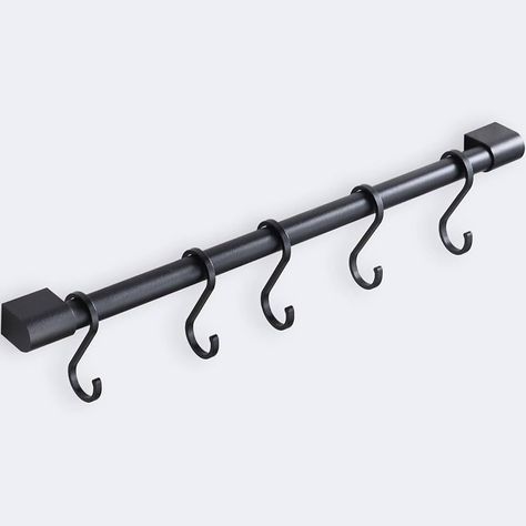 MIAOHUI Kitchen Rail with Hooks, Pan and Pot Hangers for Kitchen Wall Mount, Kitchen Utensil Rack with Removable S Hook, Aluminum (17.3inch_Black_5Hooks) : Amazon.ca: Home Pot Hangers For Kitchen, Kitchen Rail With Hooks, Hanging Utensil Holder, Kitchen Rail, Pan Hanger, Pot Hangers, Kitchen Utensil Rack, Kitchen Rails, Hanging Pans