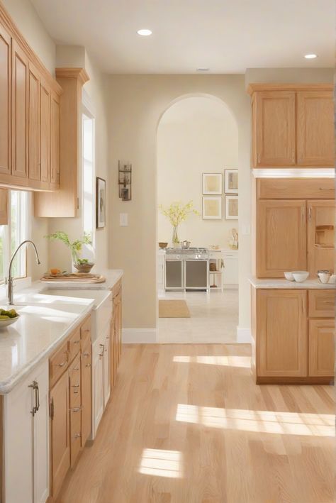 interior paint, kitchen paint, oak cabinets paint, Sherwin Williams paint Light Wood Cabinets White Countertops, Shoji White Kitchen, White Kitchen Oak Cabinets, White Kitchen Appliances, Light Oak Floors, Light Wood Kitchens, Shoji White, Light Wood Cabinets, White Appliances