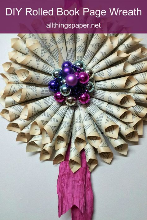 Dress up your home for the holidays with this rolled paper wreath - easy step by step tutorial with tips Rolled Paper Wreath, Preserve Leaves, Paper Wreath Tutorial, Paper Wreath Diy, Paper Wreaths, Book Wreath, Sheet Music Crafts, Christmas Wreath Craft, Book Page Wreath