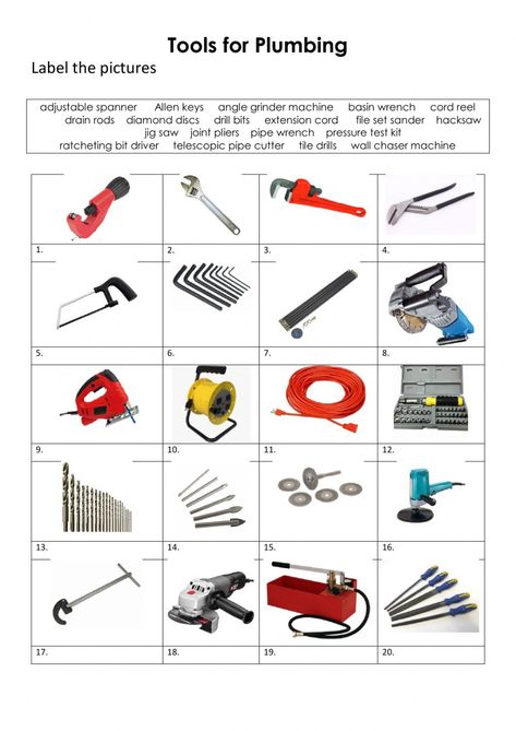 Tools for Plumbing - Ficha interactiva Civil Engineering Handbook, Creative Cv, Engineering Tools, Plumbing Tools, English As A Second Language (esl), English As A Second Language, Work Tools, School Subjects, Learning Tools