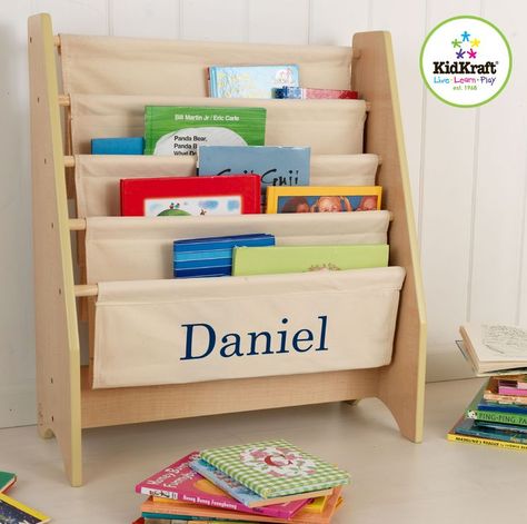 Personalized Sling Book Shelf in Natural Sling Bookshelf, Toddler Bookcase, Toddler Toy Storage, Baby Bookshelf, Diy Bookshelf Kids, Childrens Bookcase, Diy Bookshelf, Bookcase Diy, Interior Design Pictures