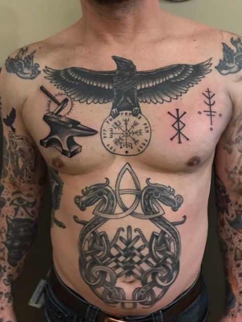 Viking Tree Tattoo, Viking Stomach Tattoos, Viking Traditional Tattoo, Old Norse Tattoo, Stomach Tattoo, Rune Tattoo, Norse Tattoo, Raven Tattoo, Stomach Tattoos