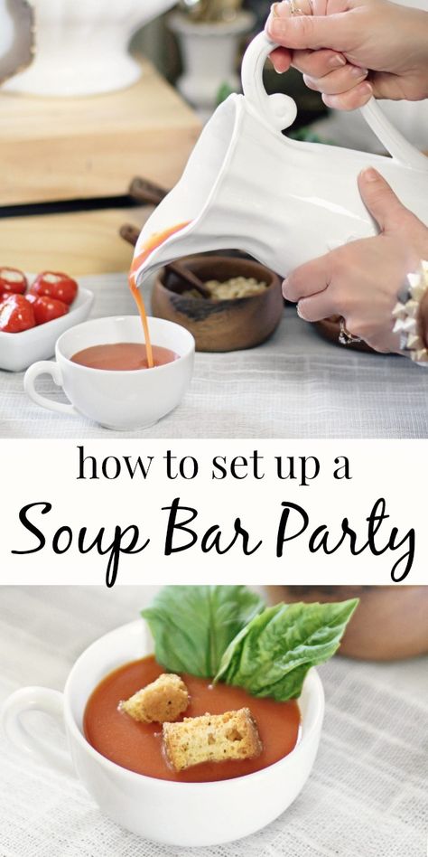 Set up a stylish soup party bar with these easy tips and ideas. Awesome idea for showers, fall parties, and game day entertaining at home. Coffee Table Appetizers, Soups For Parties, Soup And Sandwich Bar Ideas, Outdoor Fall Soup Party, Fall Soup Bar Ideas, Party Soup Ideas, Fall Lunch Party Food, Fall Soup Bar, Fall Soup Party Ideas